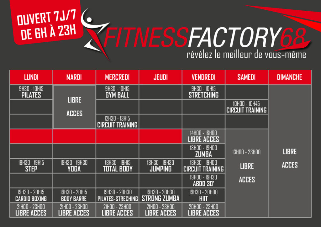 Planning des cours collectifs Fitness Factory 68