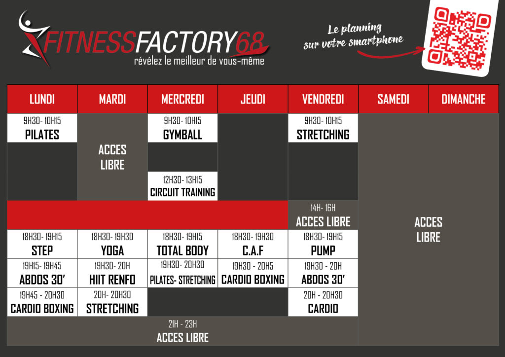 Planning des cours collectifs Fitness Factory 68